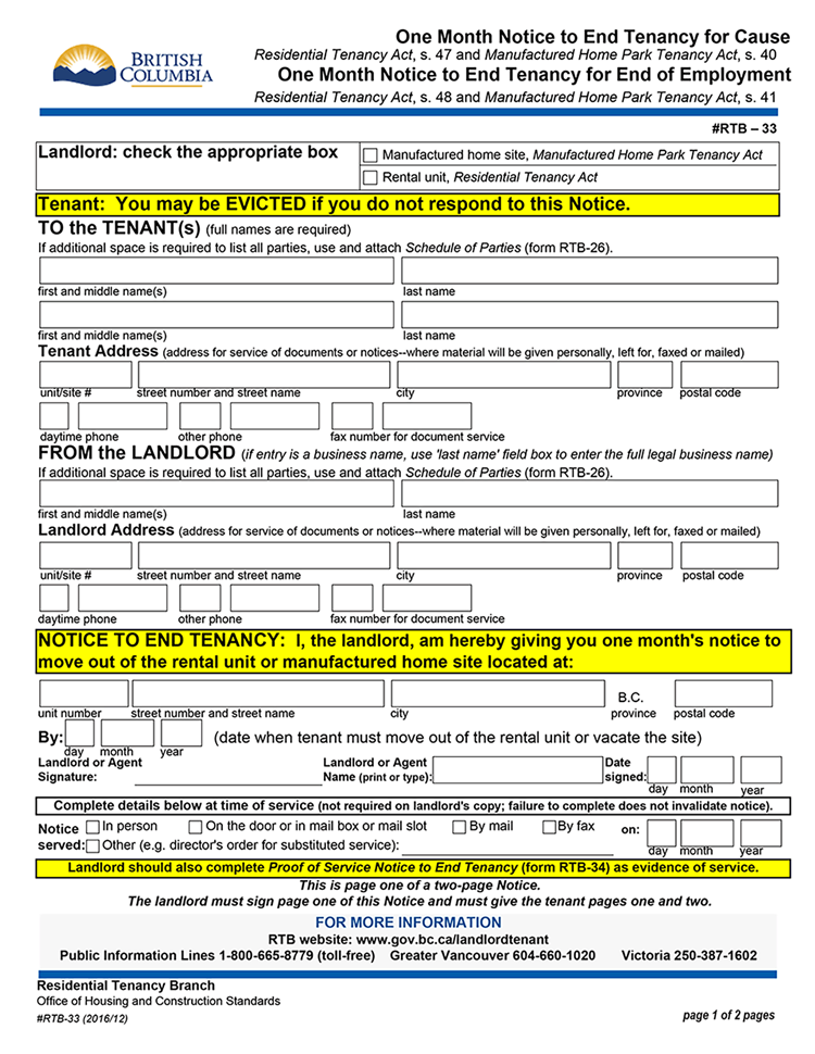 BC One Month Notice To End Tenancy RTB 33 EZ Landlord Forms