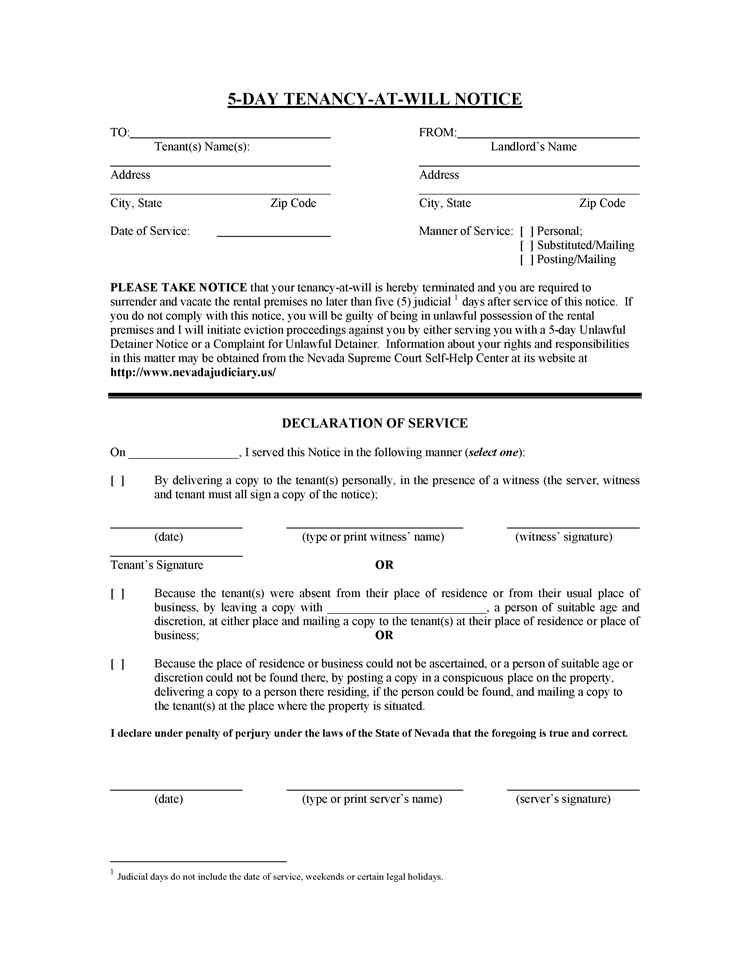 Nevada 5 Day Tenancy-At-Will Notice | EZ Landlord Forms