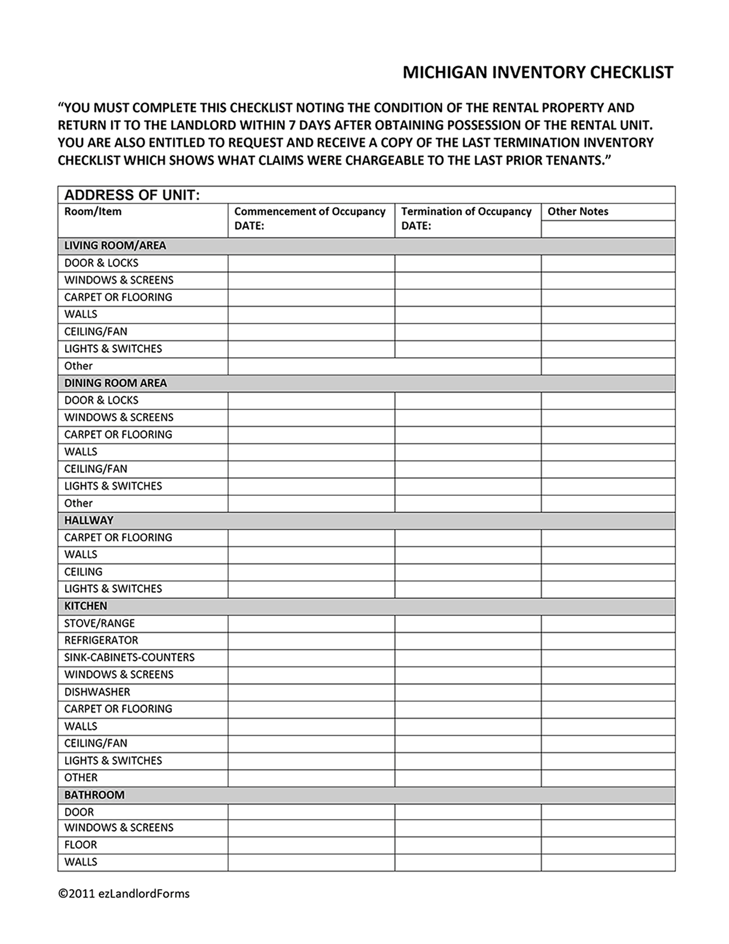 Printable Final Walk Through Checklist