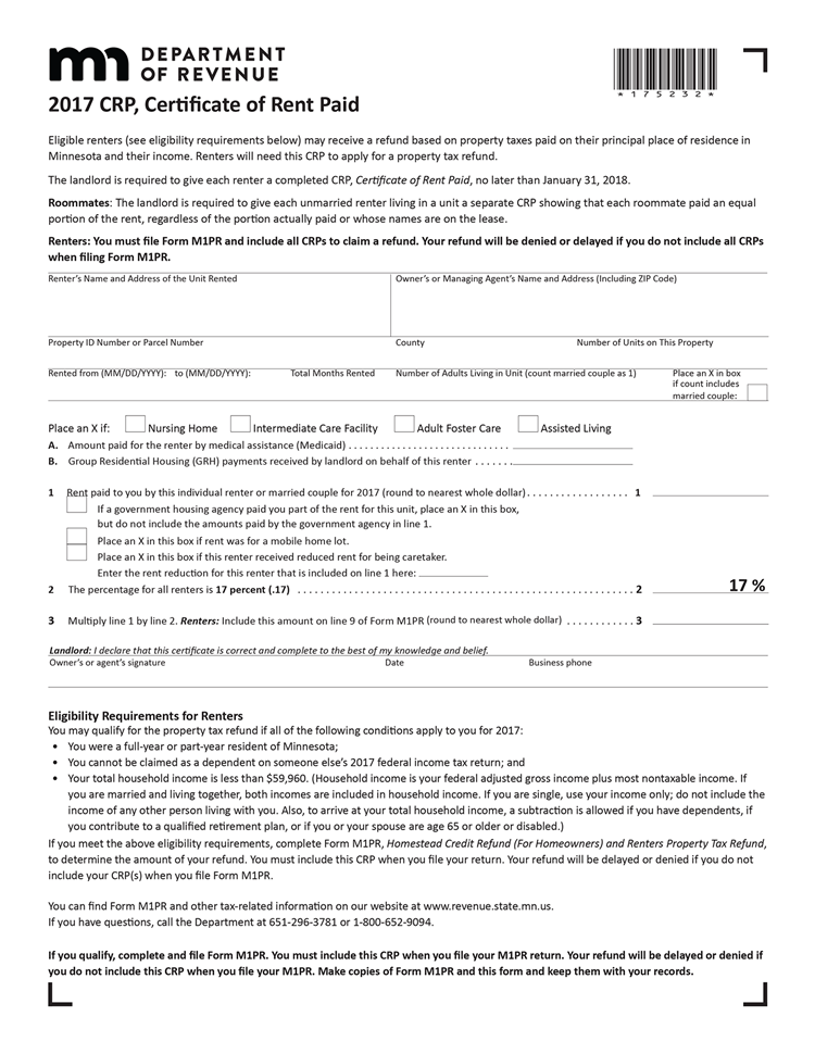 Minnesota Certificate Of Rent Paid CRP EZ Landlord Forms