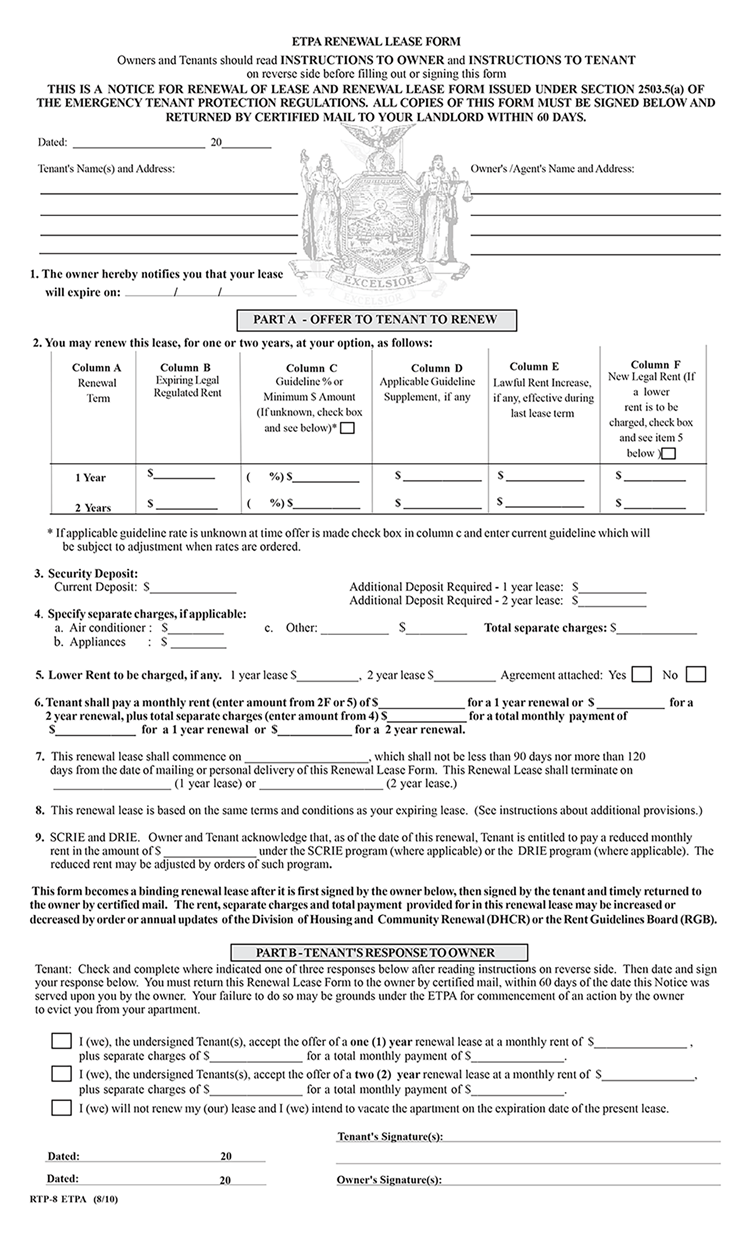 NYC Lease Renewal Form EPTA Form RTP 8 EZ Landlord Forms