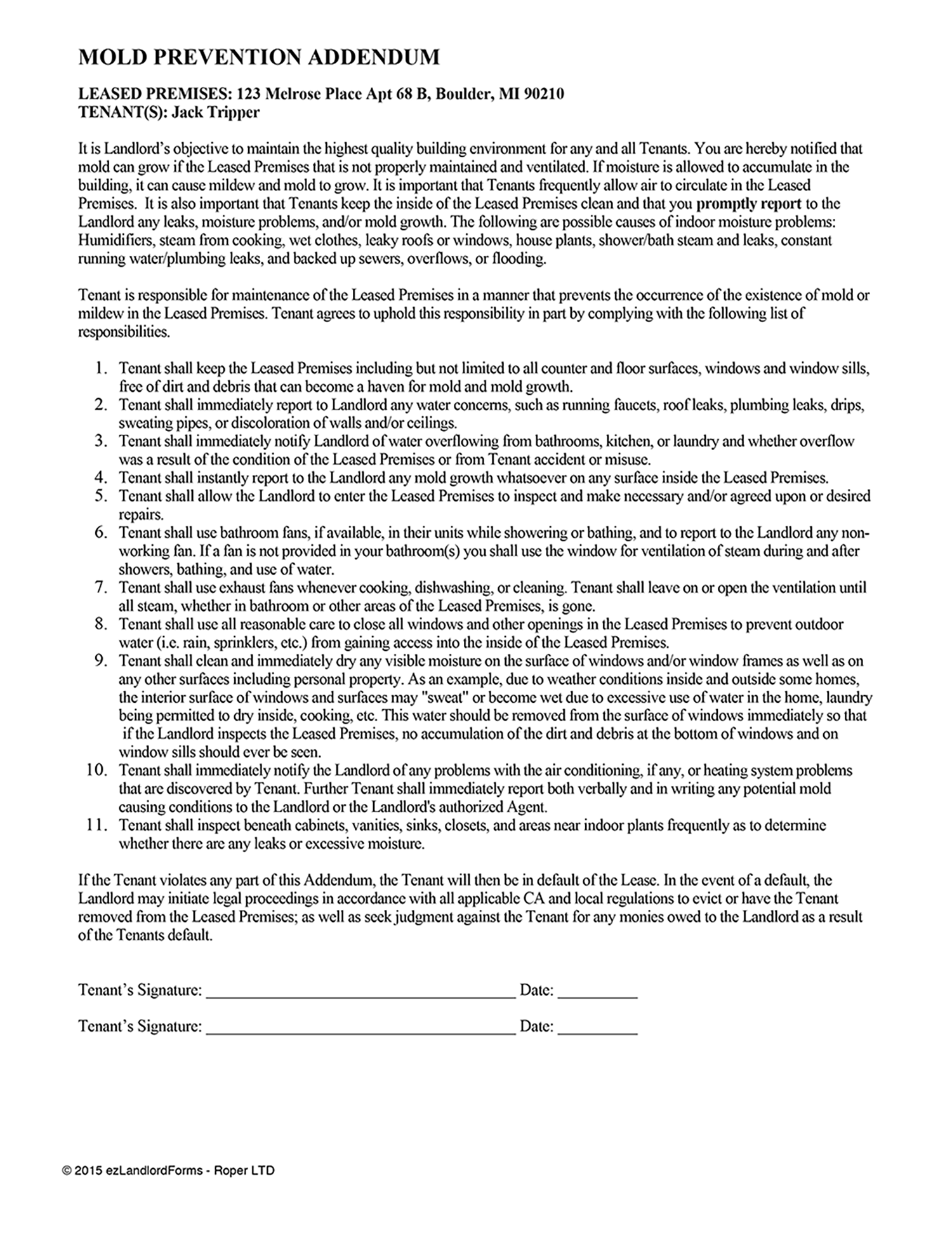 Mold Prevention Addendum Ezlandlordforms